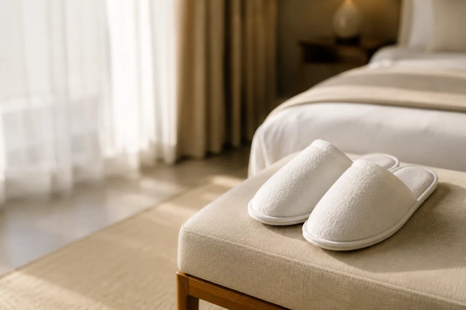 Hotel and spa slippers on a hospitality surface