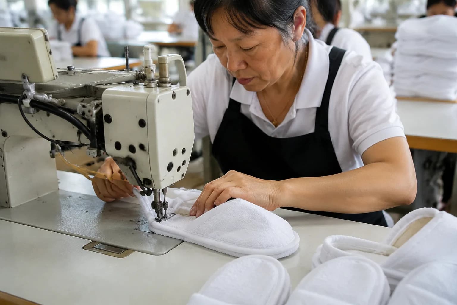 Worker sewing hotel slipper on production line