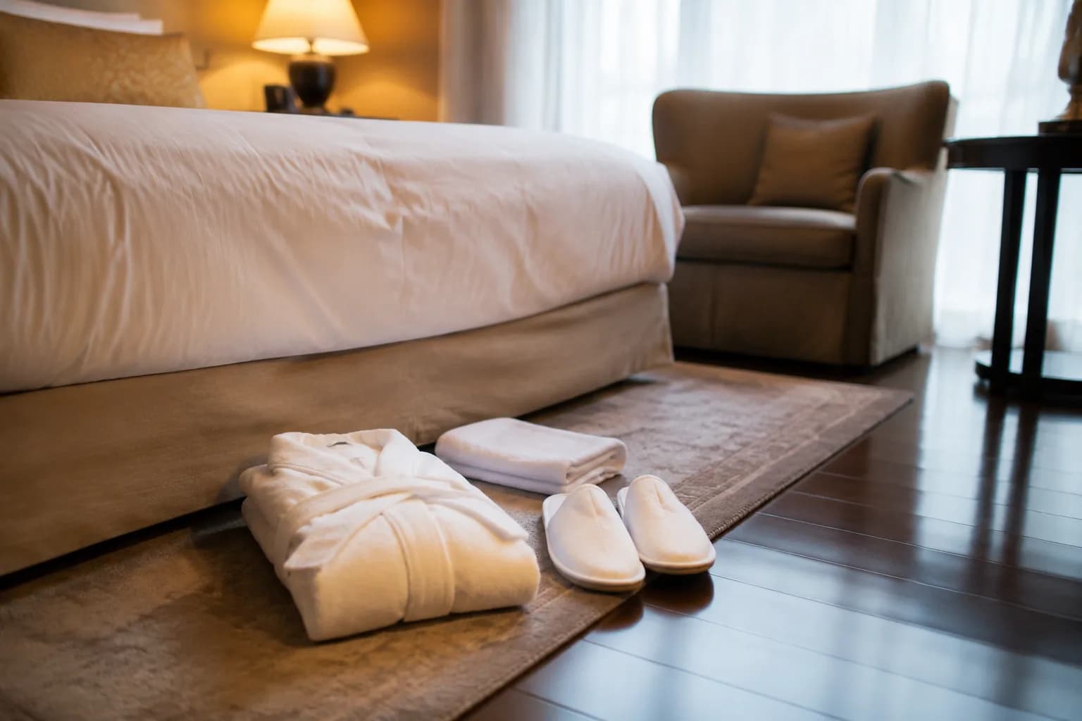 Hotel room with slippers